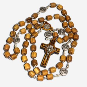 Olive Wood Rosary with Saint Benedict Medal - Brown 8mm Made in Italy