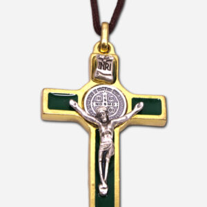 Cross Necklace with Saint Benedict Medal - Green Gold 3 x Made in Italy