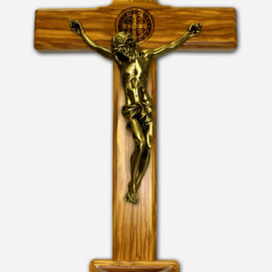 WALL MOUNTED CRUCIFIX WITH FONT AND SAINT BENEDICT MEDAL - 26 X 7 X 47 CM