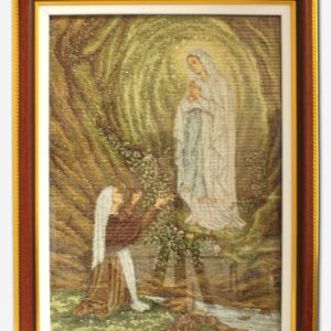 OUR LADY OF LOURDES IN TAPESTRY FRAMED WITH GLASS - 13 X