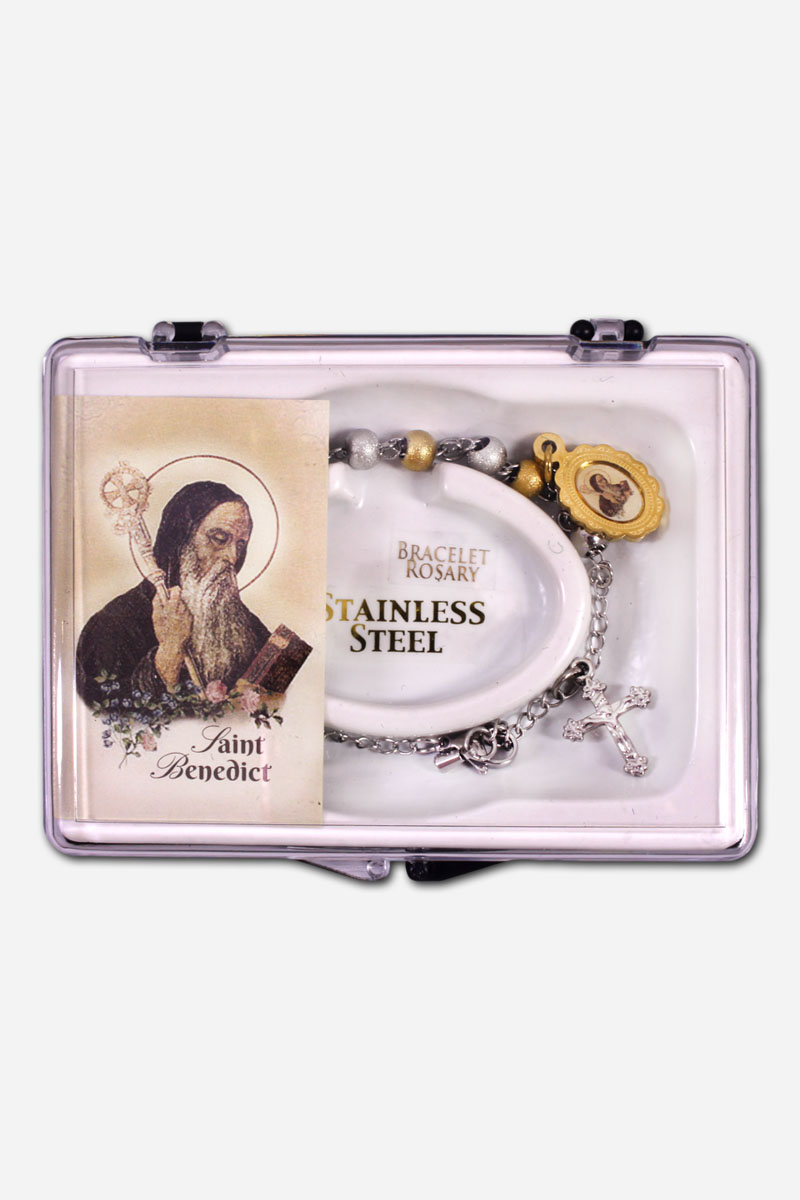 Two Tone Stainless Steel Bracelet Rosary with Saint Benedict - Beads - Image 3