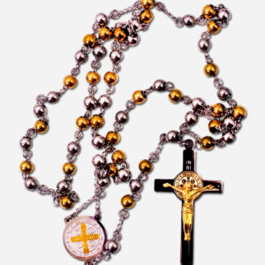 Two Tone Stainless Steel Rosary - with Saint Benedict Medals - Beads