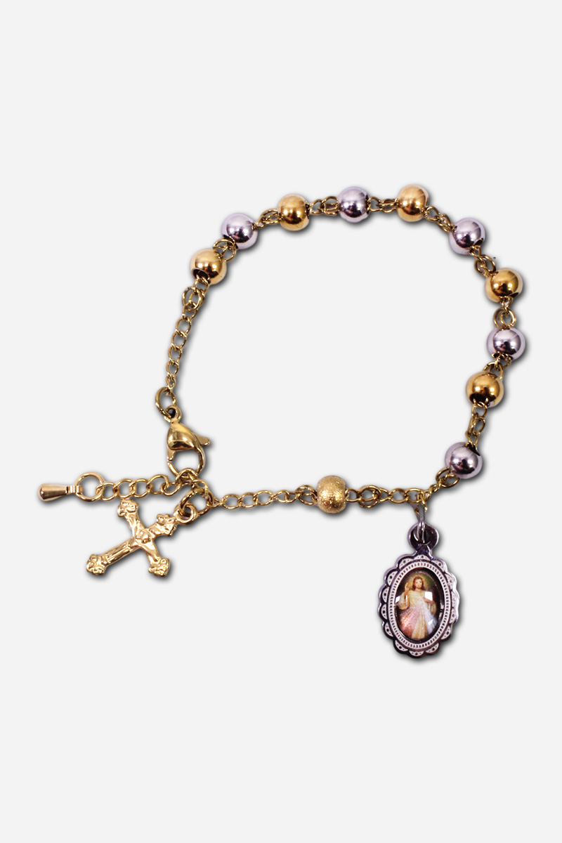 Two Tone Stainless Steel Bracelet Rosary with Divine Mercy - Beads