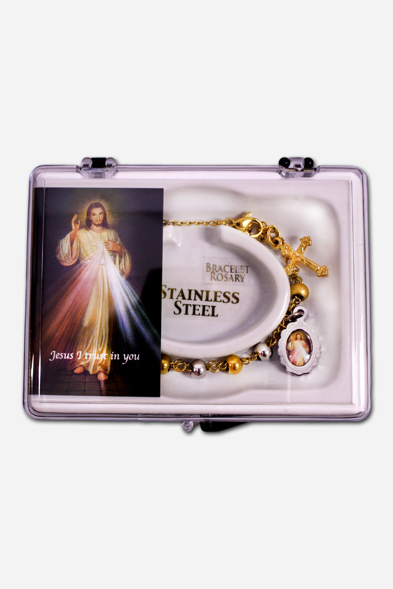 Two Tone Stainless Steel Bracelet Rosary with Divine Mercy - Beads - Image 3