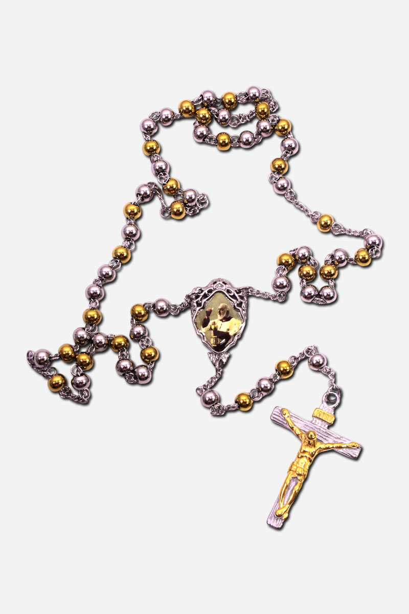 Two Tone Stainless Steel Rosary - with Saint Padre Pio - Beads