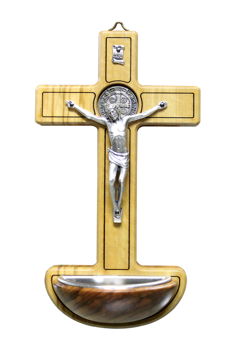 Crucifix with Saint Benedict Medal and Font - 7 Inches - Made in Italy