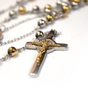Two Tone Stainless Steel Rosary - with Saint Benedict Medals -