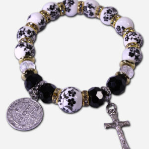 STRETCHABLE CERAMIC ROSARY BRACELET WITH SAINT BENEDICT MEDAL BLACK