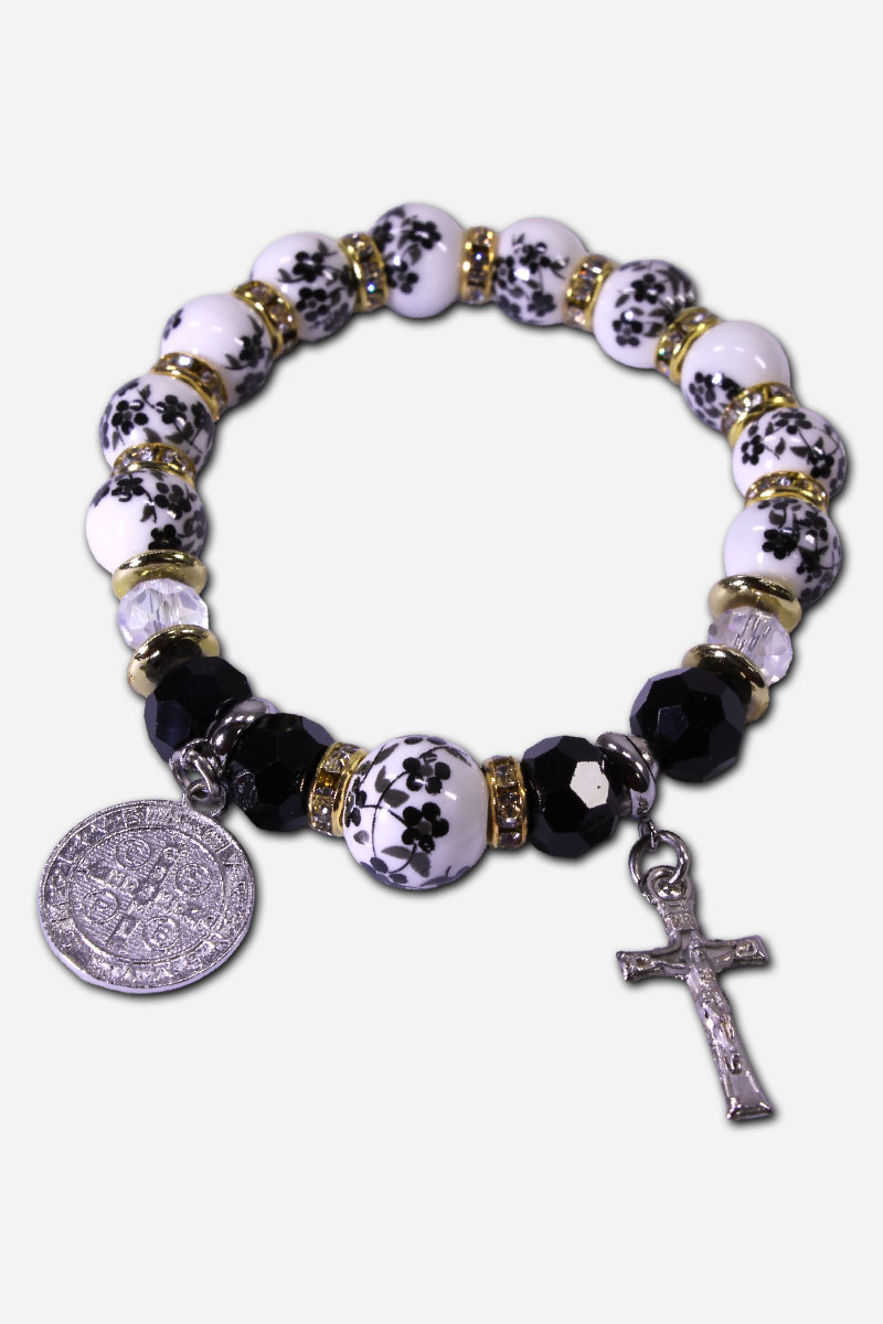 STRETCHABLE CERAMIC ROSARY BRACELET WITH SAINT BENEDICT MEDAL BLACK