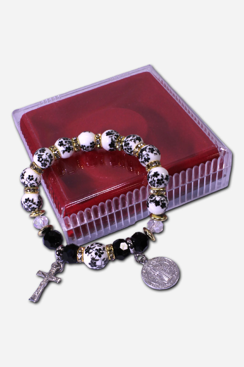 STRETCHABLE CERAMIC ROSARY BRACELET WITH SAINT BENEDICT MEDAL BLACK - Image 2