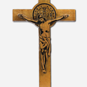 WOODEN CRUCIFIX WITH ENGRAVED SAINT BENEDICT MEDAL -