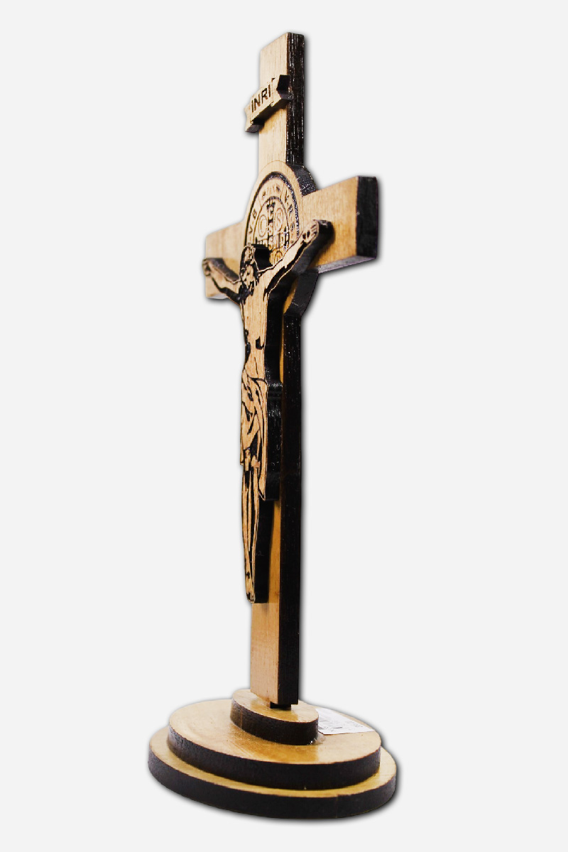 WOODEN CRUCIFIX WITH ENGRAVED SAINT BENEDICT MEDAL - - Image 3
