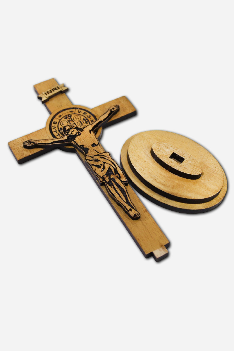 WOODEN CRUCIFIX WITH ENGRAVED SAINT BENEDICT MEDAL - - Image 4