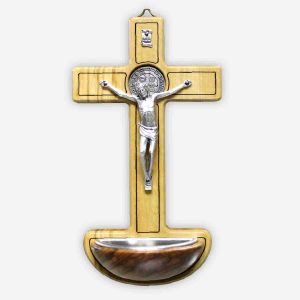 Crucifix with Saint Benedict Medal and Font - 7 Inches - Made in Italy